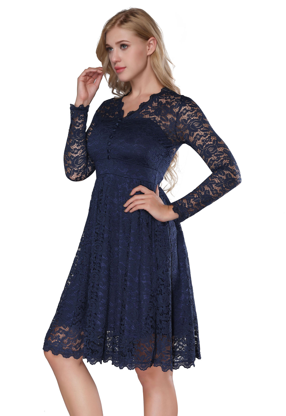 F2528-1 Retro Floral Lace Long Sleeve Vintage Swing Cocktail Bridesmaid Dress